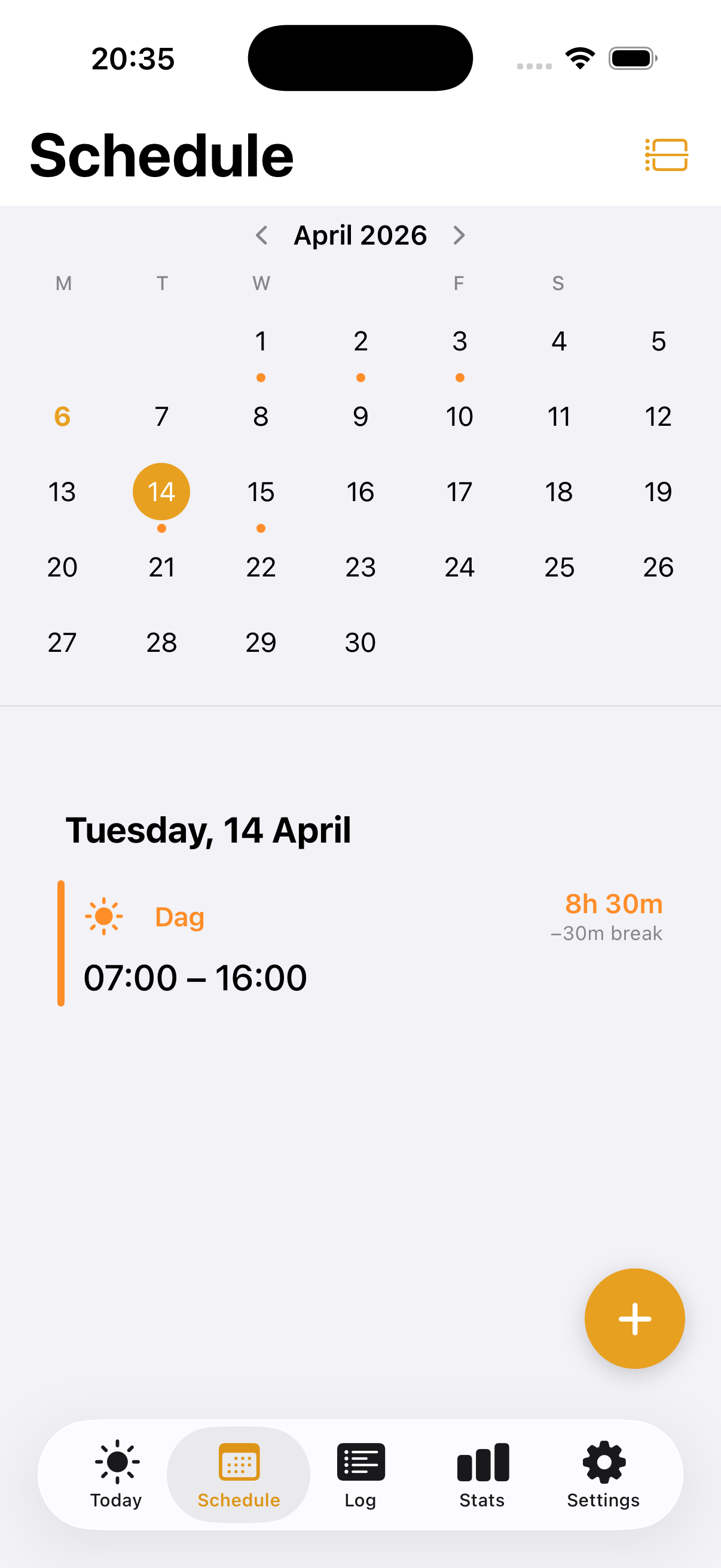 Daglog schedule screen showing April calendar